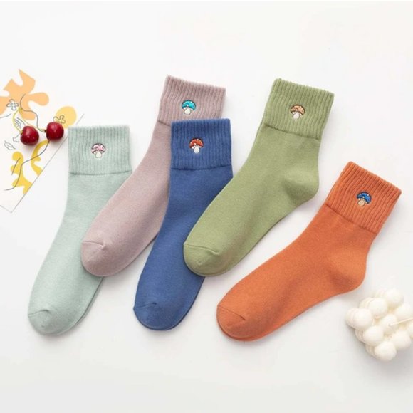 Accessories - Embroidered Mushroom Ribbed Mid Calf Y2K Cotton Socks